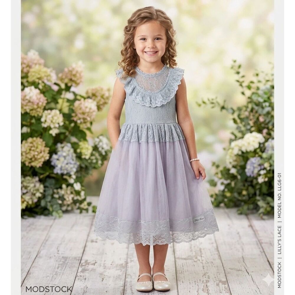 Trish Scully Dress Girls Sz 6 Lace Hem A-Line Gray Amidala Special Occasion New